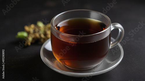 A steaming cup of dark tea, possibly black or a very strong blend, sits on a small round saucer. The cup has a handle and is filled to the brim with the liquid, which is reflecting the ambient light.