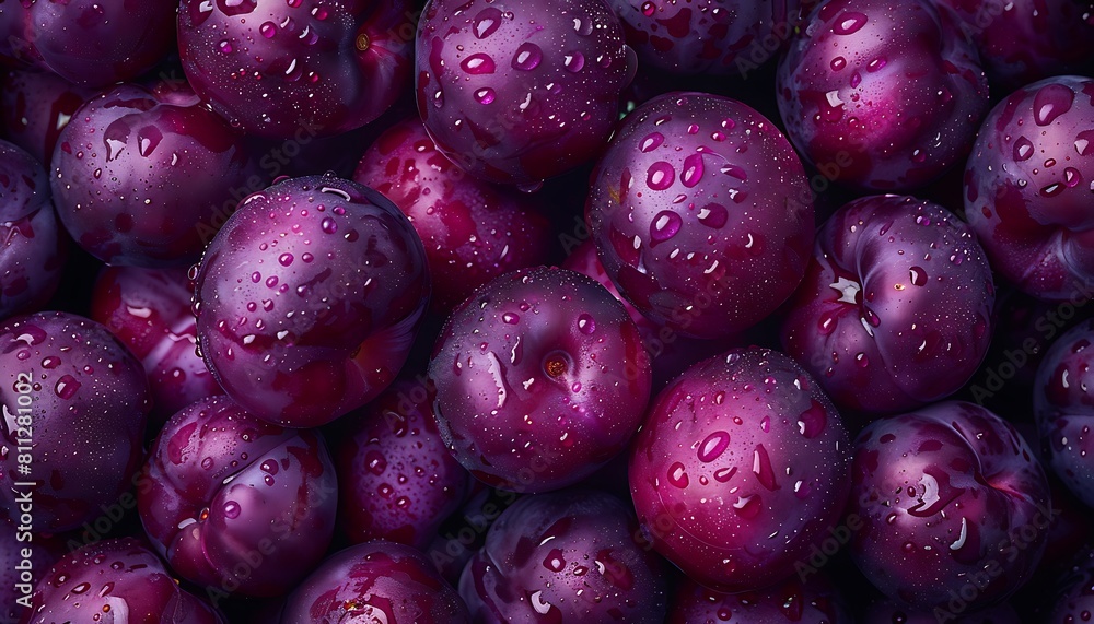 Ripe purple plums with water drops close-up. Seamless pattern Ripe purple plums with water drops close-up. Seamless pattern
