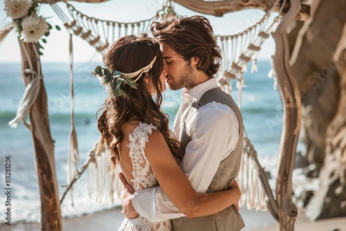 Bride and Groom Kissing Under Wooden Arch