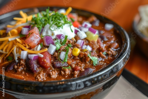A bowl filled with spicy chili topped with a dollop of sour cream  ready to enjoy  A mouthwatering bowl of spicy chili loaded with toppings