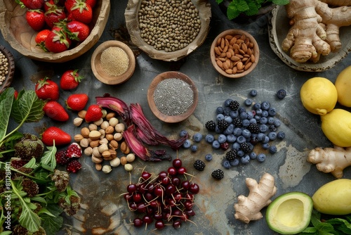 A variety of colorful and fresh fruits and vegetables neatly arranged on a table, A mouthwatering display of nutritious ingredients