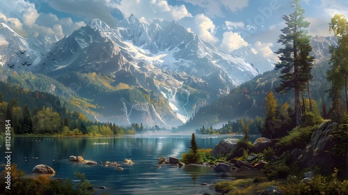 Step into a bygone era with this classic landscape illustration  featuring a tranquil lakeside view framed by towering mountains