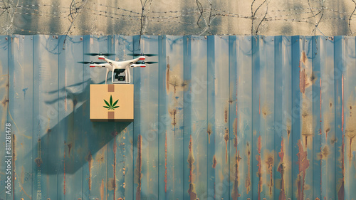 Illegal delivery marijuana concept. Aerial View of smuggler transportation Drone transporting box of cannabis through border. photo