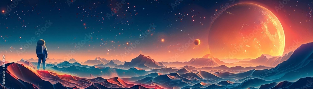 Side View of Artistic Astronomy Scene with Vibrant Watercolor Elements in Flat Design Style Side View of Artistic Astronomy Scene with Vibrant Watercolor Elements in Flat Design Style