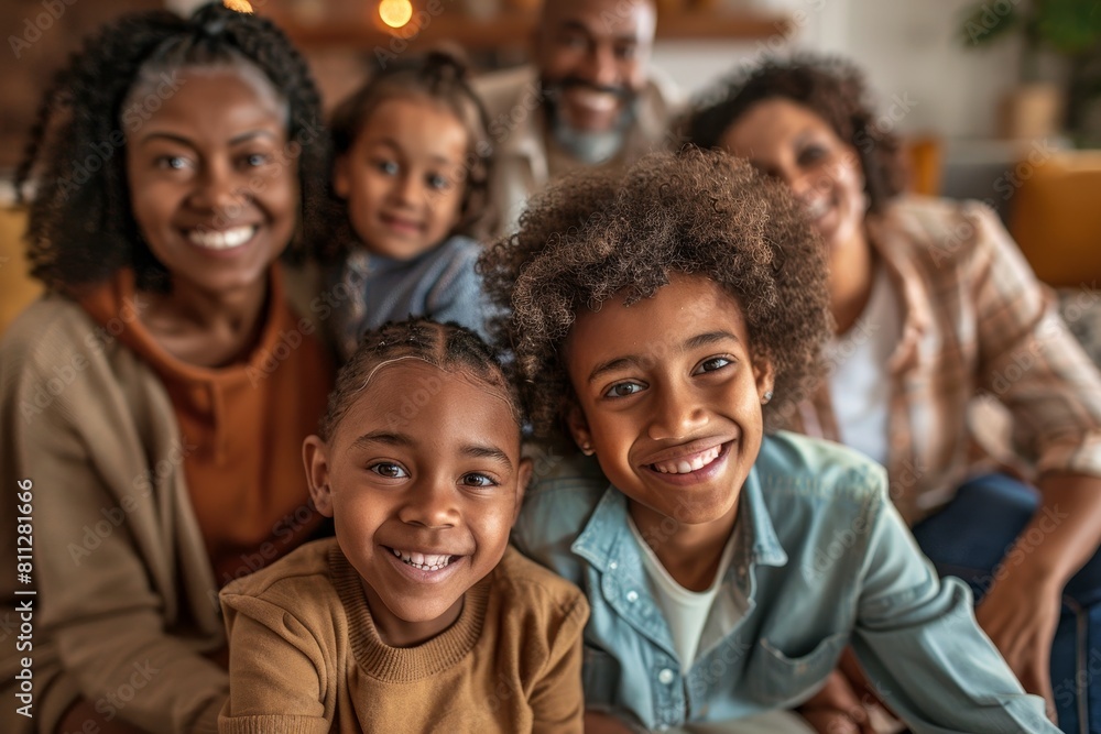 Fototapeta premium Group of people from different generations gathering in a cozy living room and sitting closely together, A multigenerational family gathering in a cozy living room, smiling for the camera