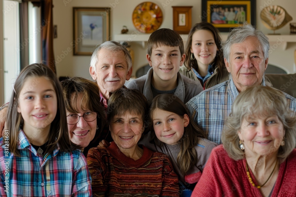A diverse group of people, spanning different ages and generations, stand closely together in a family portrait, A multi-generational family portrait A diverse group of people, spanning different ages and generations, stand closely together in a family portrait, A multi-generational family portrait