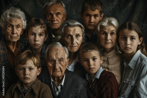Multigenerational family portrait with a diverse group of individuals standing closely next to each other, A multi-generational family portrait