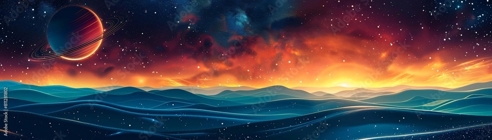 Fototapeta premium Vivid Astronomy Research Theme in Flat Design with Stunning Watercolor Complementary Colors