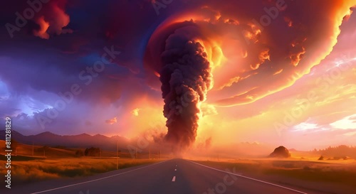 Enormous tornado on road sign of climate change and natural disaster. Concept Climate Change, Natural Disasters, Extreme Weather Events, Environmental Crisis, Warning Signs photo