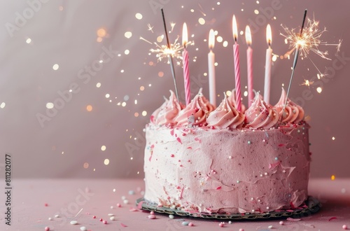 Birthday Cake With Pink Frosting and Sparklers