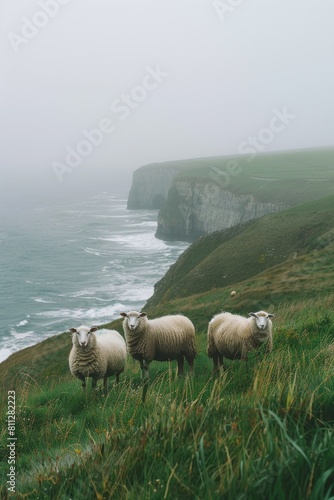 Sheep Standing on Top of Lush Green Hillside
