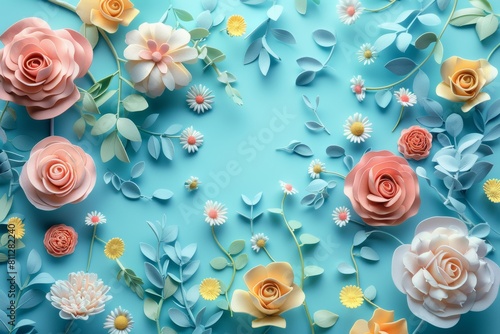 Blue Background With Paper Flowers and Leaves