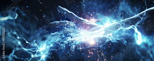 Abstract human hand reaching with blue energy particles. Digital technology and futuristic connection concept.