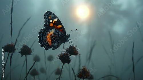   A close-up of a butterfly on a plant with the sun shining through and a foggy sky behind it