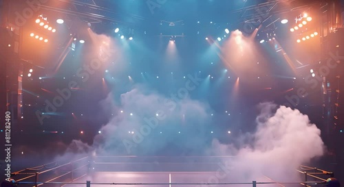 Boxing ring with smoke and stage lights creating surreal and enchanting atmosphere. Concept Surreal Lighting, Enchanting Atmosphere, Boxing Ring, Smoke Effects, Stage Lights photo
