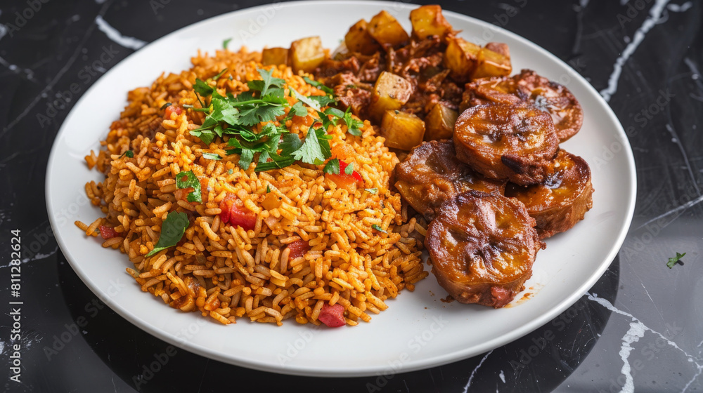 Fototapeta premium Authentic ghanaian cuisine featuring spicy jollof rice, fried plantains, and tender chicken, garnished with fresh parsley on a white plate