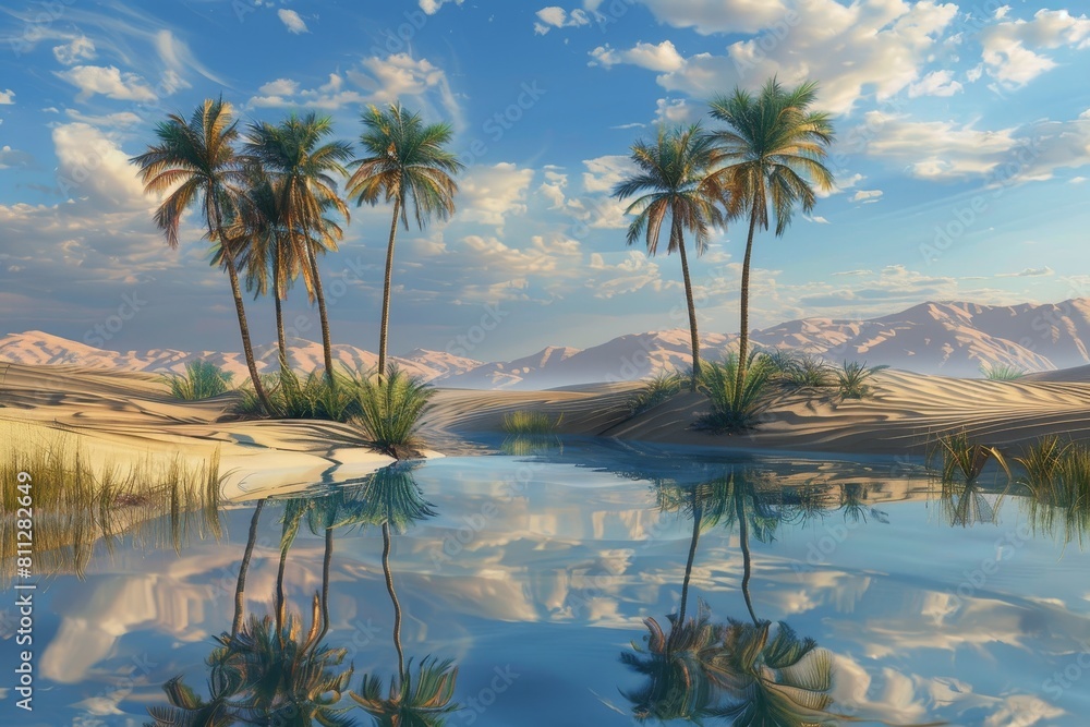 Palm Trees and Water Body Painting, A mystical desert oasis with palm trees swaying in the breeze and a shimmering pool of water reflecting the endless sand dunes Palm Trees and Water Body Painting, A mystical desert oasis with palm trees swaying in the breeze and a shimmering pool of water reflecting the endless sand dunes