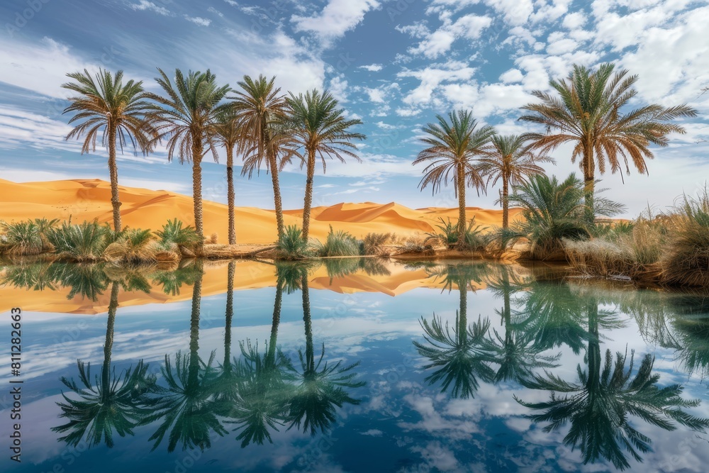 Palm Trees Encircling Mystical Desert Oasis, A mystical desert oasis with palm trees swaying in the breeze and a shimmering pool of water reflecting the endless sand dunes