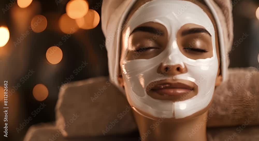Woman wearing a white facial mask with eyes closed for relaxation in a spa. Concept Spa Treatment, Facial Mask, Relaxation, Wellness, Self-care Woman wearing a white facial mask with eyes closed for relaxation in a spa. Concept Spa Treatment, Facial Mask, Relaxation, Wellness, Self-care