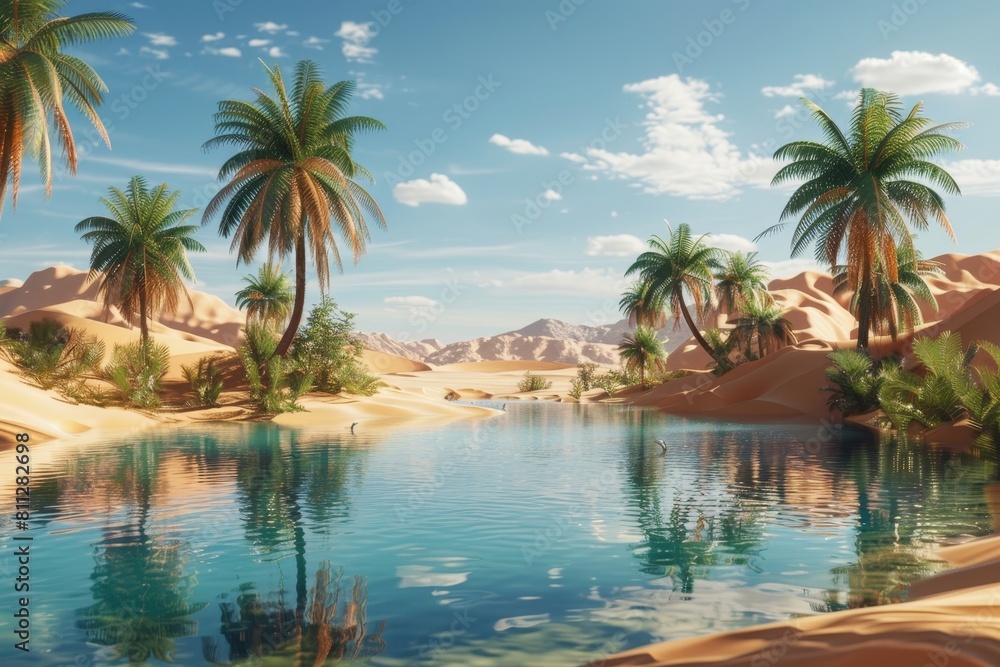 Palm trees sway in a desert oasis with a pool under the sun, A mystical desert oasis with palm trees swaying in the breeze and a shimmering pool of water reflecting the endless sand dunes Palm trees sway in a desert oasis with a pool under the sun, A mystical desert oasis with palm trees swaying in the breeze and a shimmering pool of water reflecting the endless sand dunes