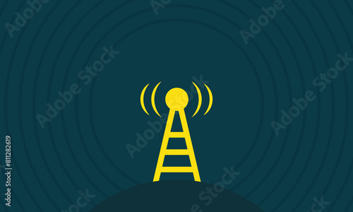 Broadcast tower with transmission waves, Telecommunications signal transmitter, background for business, technology, communication and power point presentations. with negative space and copy space.