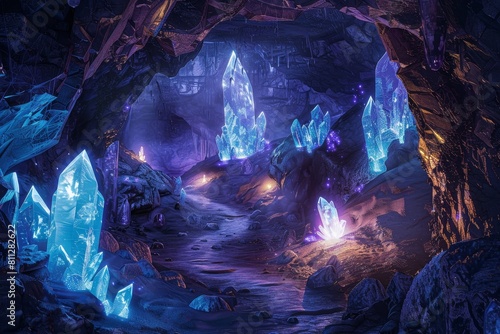A cave filled with glowing blue and purple lights, creating a mystical and enchanting atmosphere, A mystical cave with glowing crystals and twisting tunnels