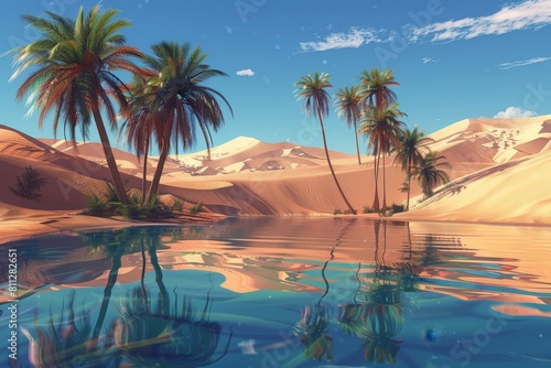 Palm Trees Reflecting in Water  A mystical desert oasis with palm trees swaying in the breeze and a shimmering pool of water reflecting the endless sand dunes