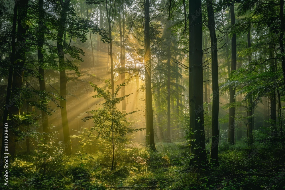 Fototapeta premium Abundant green trees creating a dense forest canopy, A mystical forest where trees whisper secrets of the latest podcast episodes