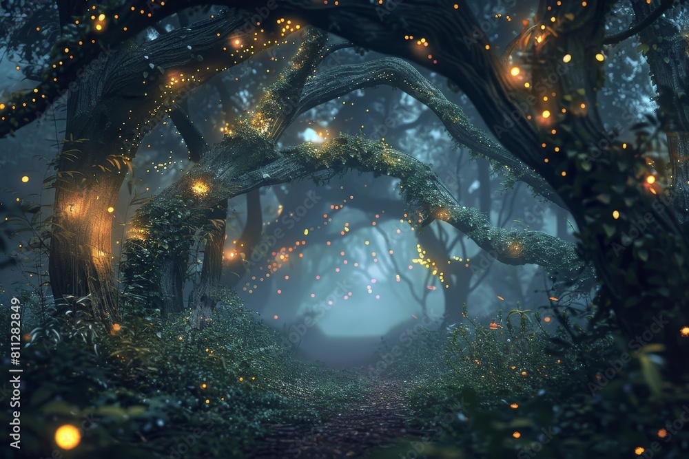 A forest teeming with trees covered in luminous fireflies, A mystical forest with glowing fireflies and twisting vines A forest teeming with trees covered in luminous fireflies, A mystical forest with glowing fireflies and twisting vines