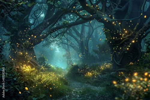 A forest abuzz with fluttering fireflies, lighting up the trees with their magical glow, A mystical forest with glowing fireflies and twisting vines photo