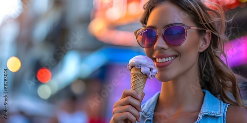 Woman in sunglasses enjoys ice cream in city smiling and relaxed. Concept Summer Vibes, Fashionable Eyewear, City Lifestyle, Sweet Treats, Leisurely Moments
