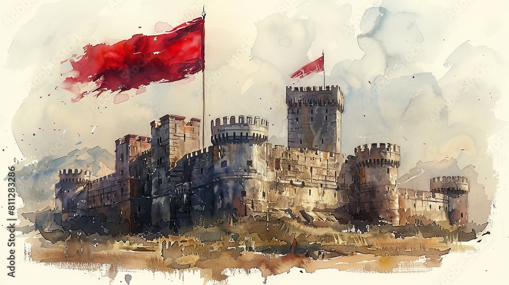 Medieval castle displays a red flag to warn of an impending siege and ...