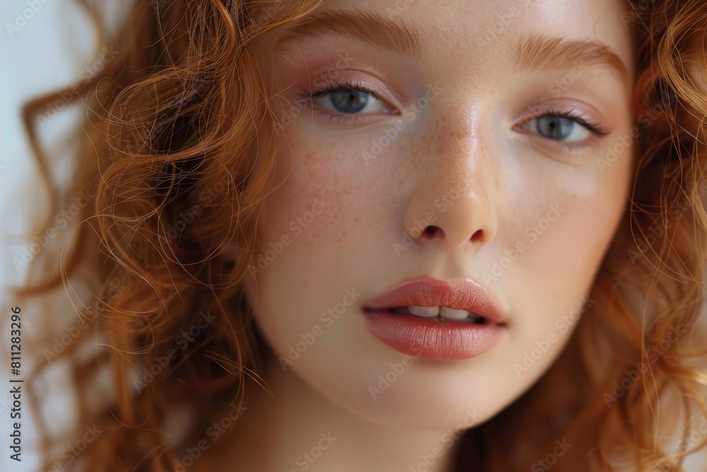 A tight shot showing a woman with vibrant red hair and minimal makeup, A natural, barely-there makeup look that enhances natural beauty A tight shot showing a woman with vibrant red hair and minimal makeup, A natural, barely-there makeup look that enhances natural beauty