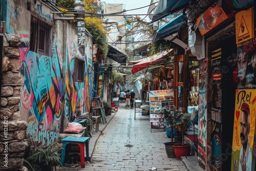 A narrow alley with vibrant graffiti covering the walls, A narrow alleyway lined with colorful graffiti and street vendors