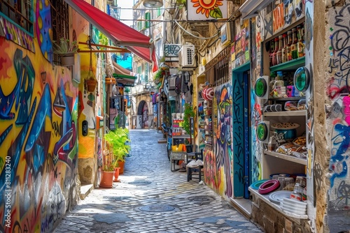 A narrow street filled with colorful graffiti adorning the walls, A narrow alleyway lined with colorful graffiti and street vendors © Iftikhar alam