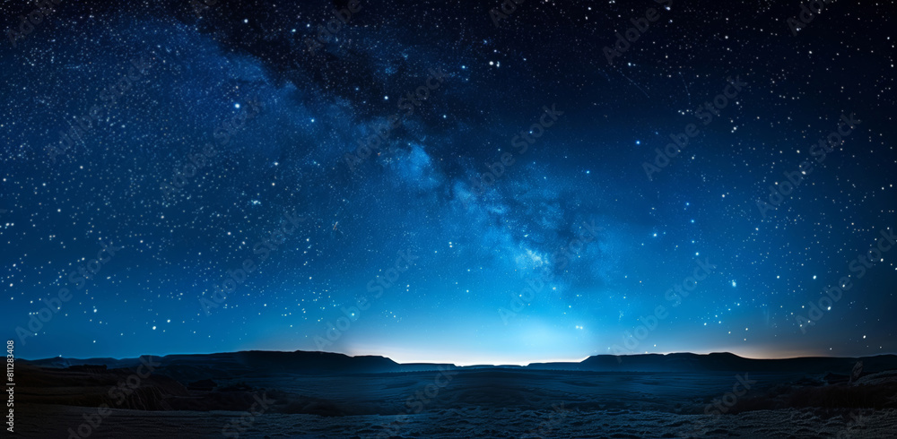Landscape, night sky and stars in space with dark background for astrology, astronomy or cosmos. Mockup, horizon and wallpaper of stargazing for science fiction or view of galaxy and universe