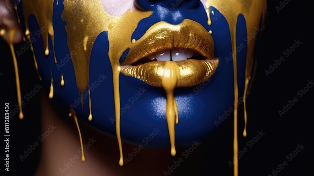 Portrait of a woman with dripping gold paint on blue skin. Close up of ...