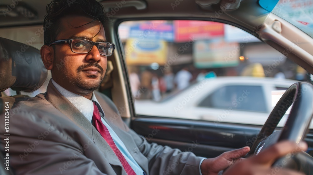 Businessman driving in city traffic. Urban lifestyle and career concept. Portrait in vehicle with cityscape background