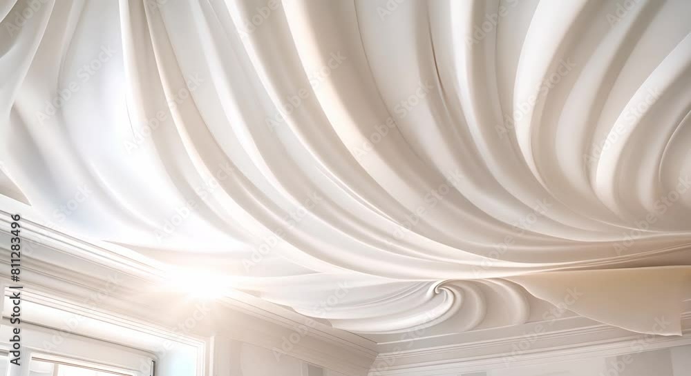 Intricate white stretch ceiling with suspended drywall in vacant apartment or house. Concept Home Renovation, Interior Design, Suspended Ceilings, Vacant Properties, Design Inspiration Intricate white stretch ceiling with suspended drywall in vacant apartment or house. Concept Home Renovation, Interior Design, Suspended Ceilings, Vacant Properties, Design Inspiration