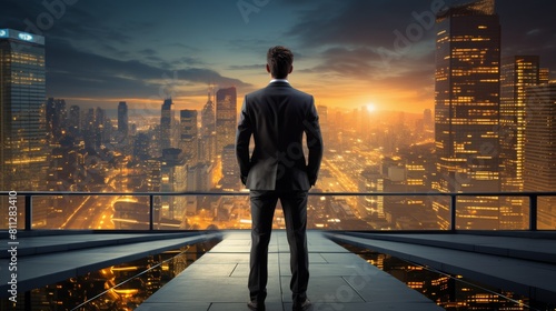 Man in Suit Looking Out Over City at Night