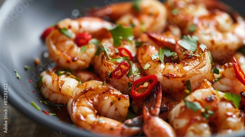 American cuisine. Caramelized shrimp with ginger, garlic and chili. 