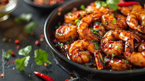 American cuisine. Caramelized shrimp with ginger, garlic and chili.  photo