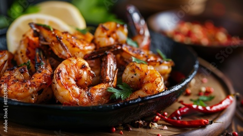 American cuisine. Caramelized shrimp with ginger, garlic and chili. 