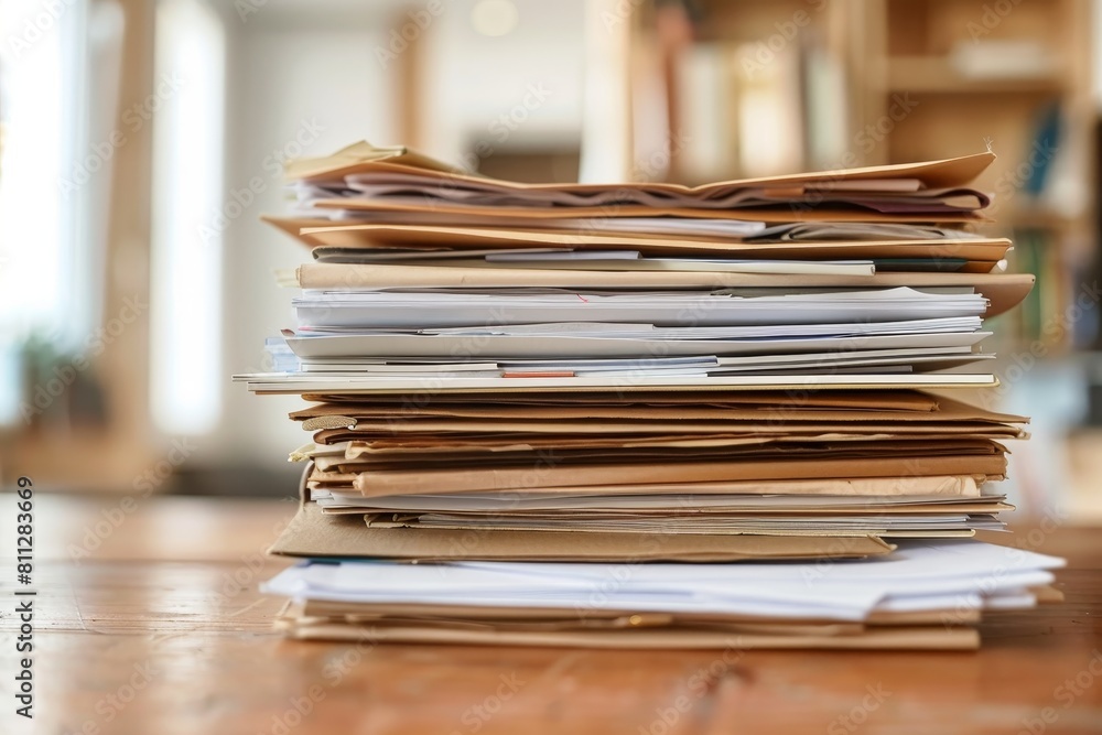 Neatly arranged stack of papers placed on a wooden table, A neat arrangement of documents on a wooden desk Neatly arranged stack of papers placed on a wooden table, A neat arrangement of documents on a wooden desk