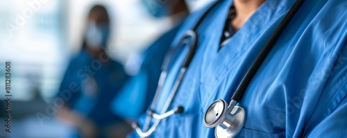 Team of healthcare workers in blue scrubs standing in hospital hallway. Soft focus photography with blue tone.