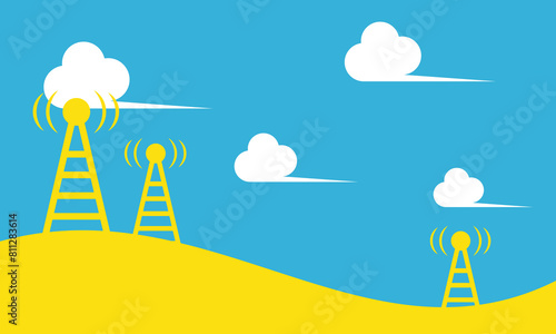 Broadcast tower with transmission waves, Telecommunications signal transmitter, background for business, technology, communication and power point presentations. with negative space and copy space.