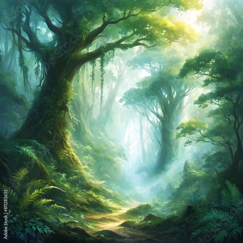 Green forest filled with trees and ferns  creating a serene and natural atmosphere. A winding path can be seen  leading deeper into the woods  inviting exploration and discovery.