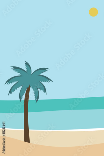 Beach with palm tree. Summer beach party invitation with sun  sea  palm tree and sky. Vector illustration.