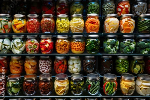 Display case filled with various types of fresh vegetables organized neatly, A neatly organized display of various canned vegetables photo