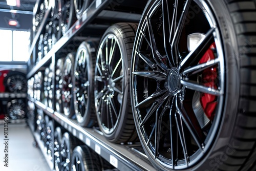 car tire shop with high-end sports rims stacked on top of each other in black. © sukar